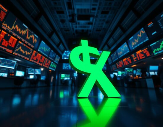 US Dollar Index symbol on a dark trading floor with rising yield charts on monitors.