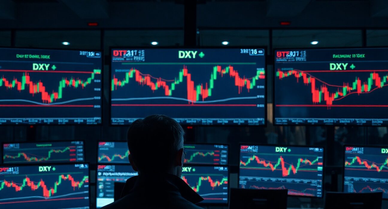 Trader monitors showing US Dollar Index DXY chart with sideways trend amid geopolitical uncertainty