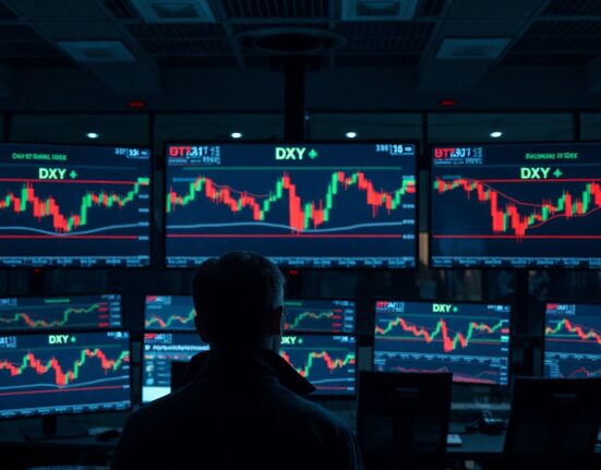 Trader monitors showing US Dollar Index DXY chart with sideways trend amid geopolitical uncertainty
