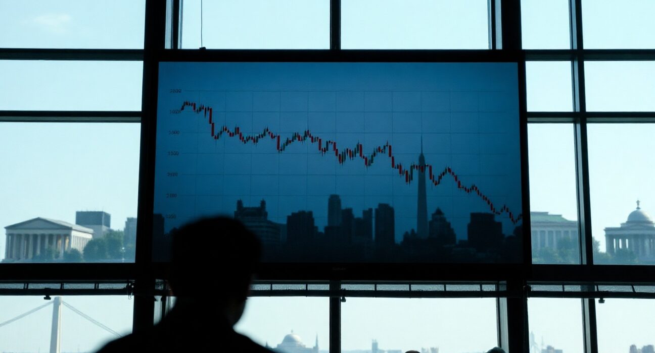 US Dollar Index chart showing a decline on a trading floor screen with Washington D.C. skyline in the background.
