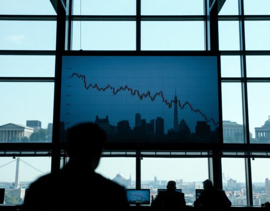US Dollar Index chart showing a decline on a trading floor screen with Washington D.C. skyline in the background.