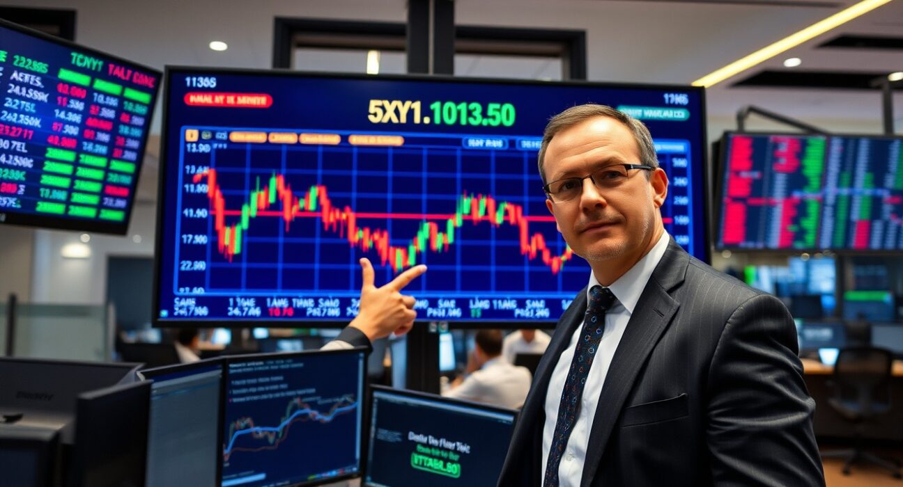 Financial analyst pointing at US Dollar Index chart showing weakness below 101.50 level on trading floor monitors.