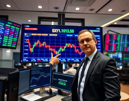 Financial analyst pointing at US Dollar Index chart showing weakness below 101.50 level on trading floor monitors.