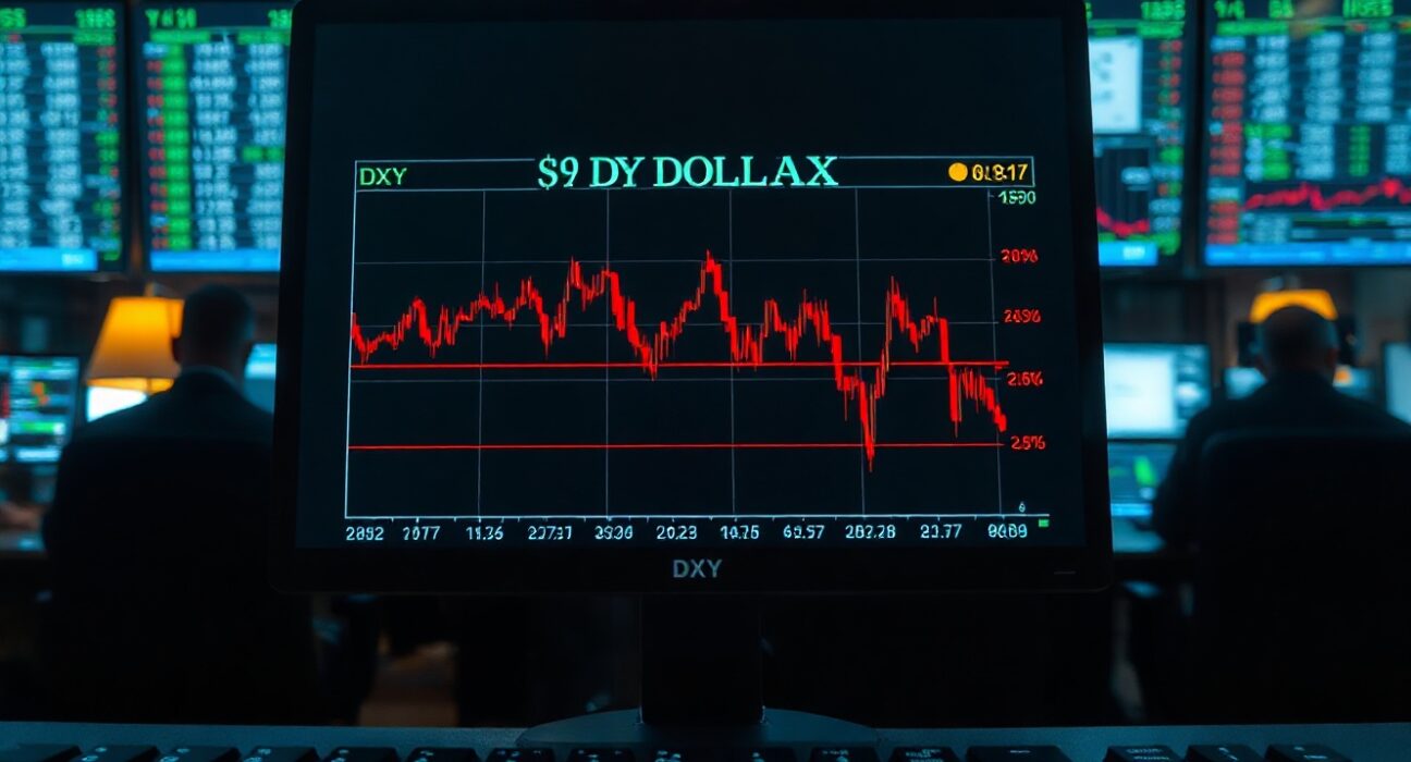 US Dollar Index chart showing downward trend on a trading monitor in a dim trading floor