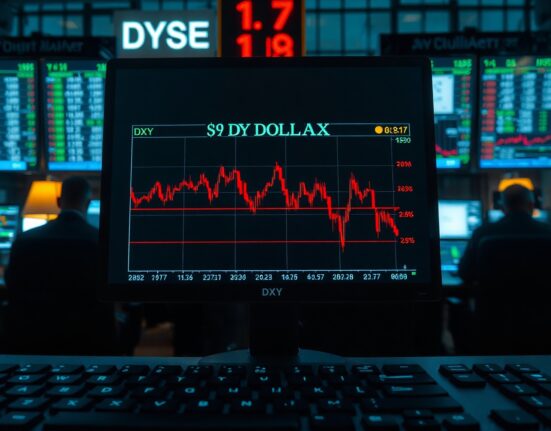 US Dollar Index chart showing downward trend on a trading monitor in a dim trading floor