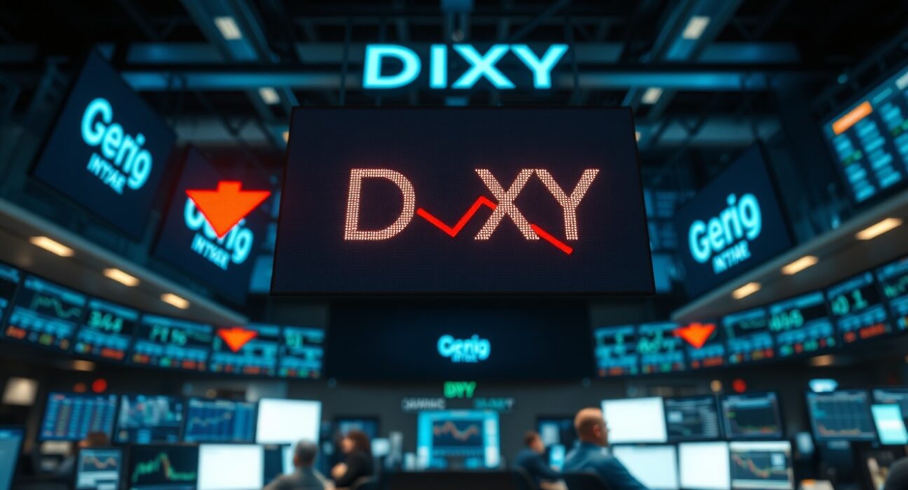 US Dollar Index digital ticker showing a red downward arrow on a trading floor