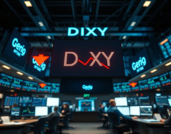 US Dollar Index digital ticker showing a red downward arrow on a trading floor