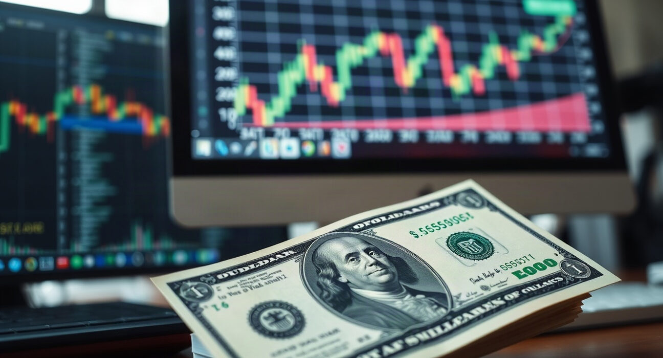 US dollar banknotes and financial charts on a desk, symbolizing currency market analysis.