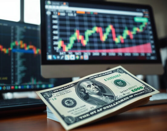 US dollar banknotes and financial charts on a desk, symbolizing currency market analysis.
