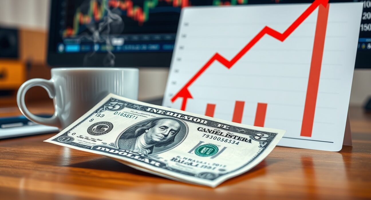 Close-up of US dollar banknote and inflation chart on analyst desk, representing Fed rate expectations.