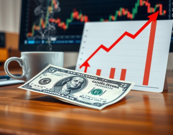 Close-up of US dollar banknote and inflation chart on analyst desk, representing Fed rate expectations.