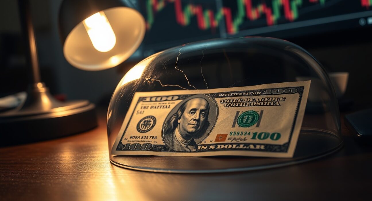 US Dollar banknote under a cracked glass dome symbolizing inflation risk and uncertainty