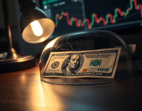 US Dollar banknote under a cracked glass dome symbolizing inflation risk and uncertainty