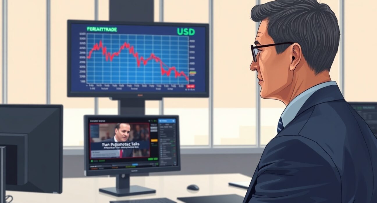 Trader monitoring U.S. dollar decline on forex chart amid Iran ceasefire news.