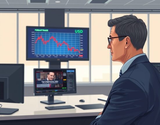 Trader monitoring U.S. dollar decline on forex chart amid Iran ceasefire news.