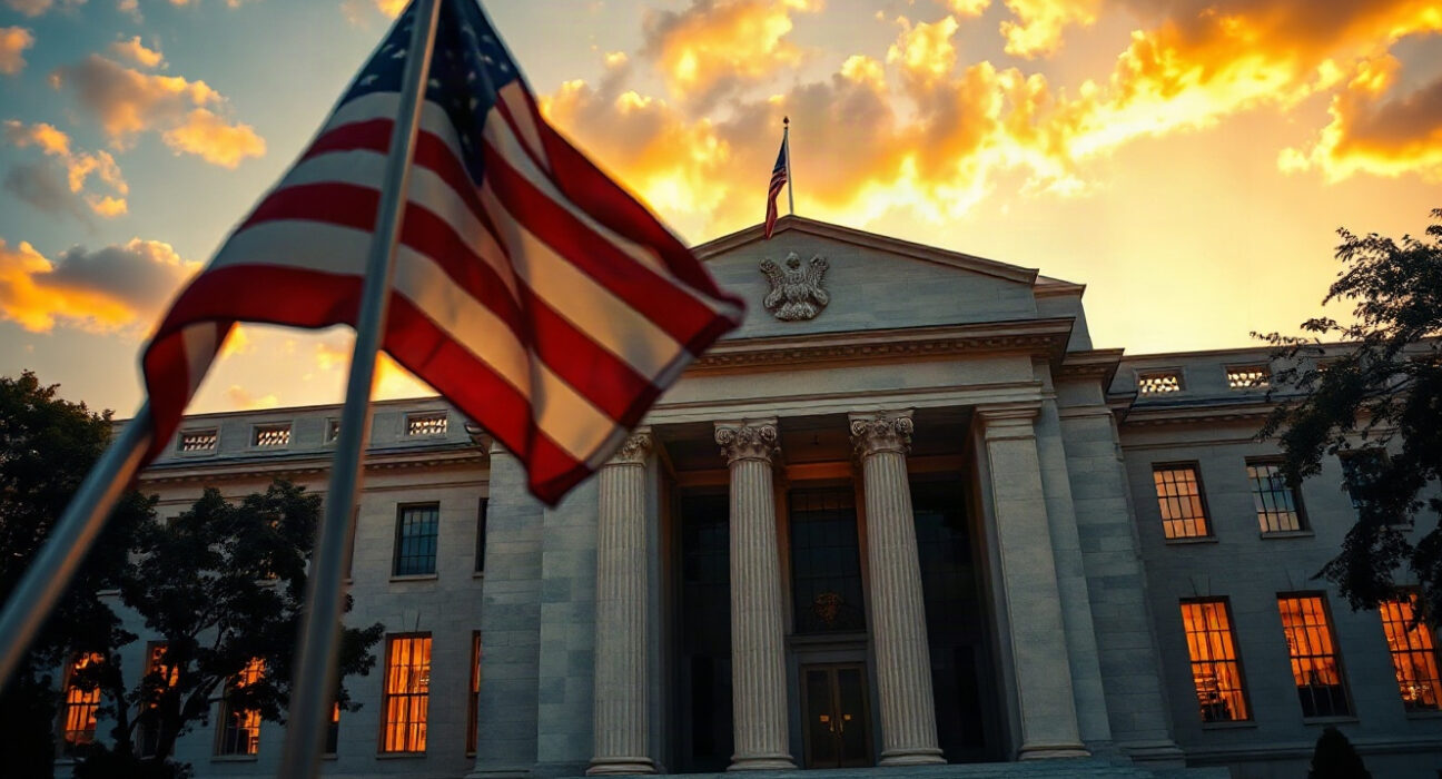 Federal Reserve building in Washington, D.C., with US flag in foreground, symbolizing US monetary policy.