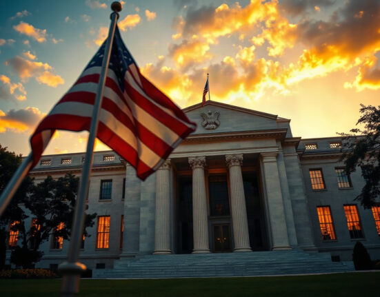 Federal Reserve building in Washington, D.C., with US flag in foreground, symbolizing US monetary policy.