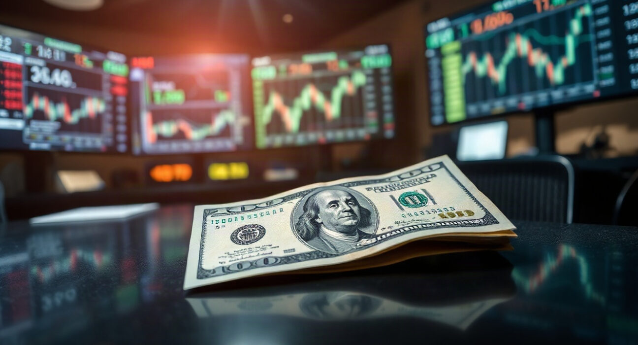 US dollar banknote on a trading desk with financial charts in the background, symbolizing currency market volatility