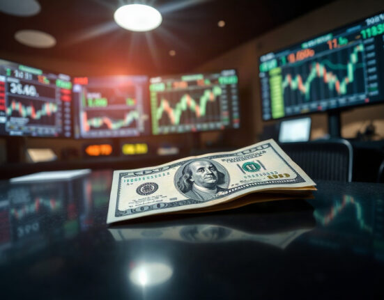 US dollar banknote on a trading desk with financial charts in the background, symbolizing currency market volatility
