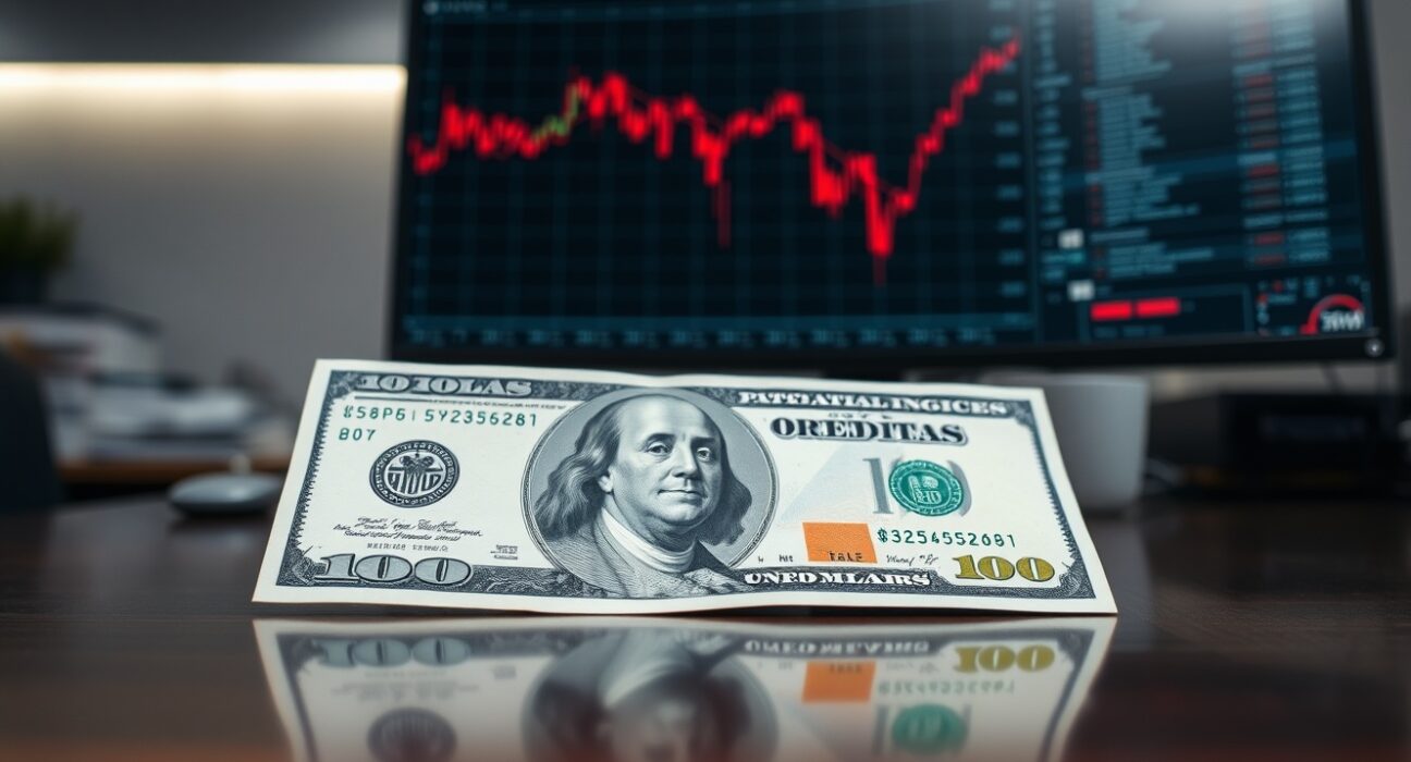US dollar banknote on desk with financial chart showing decline