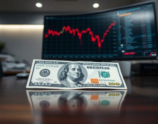 US dollar banknote on desk with financial chart showing decline