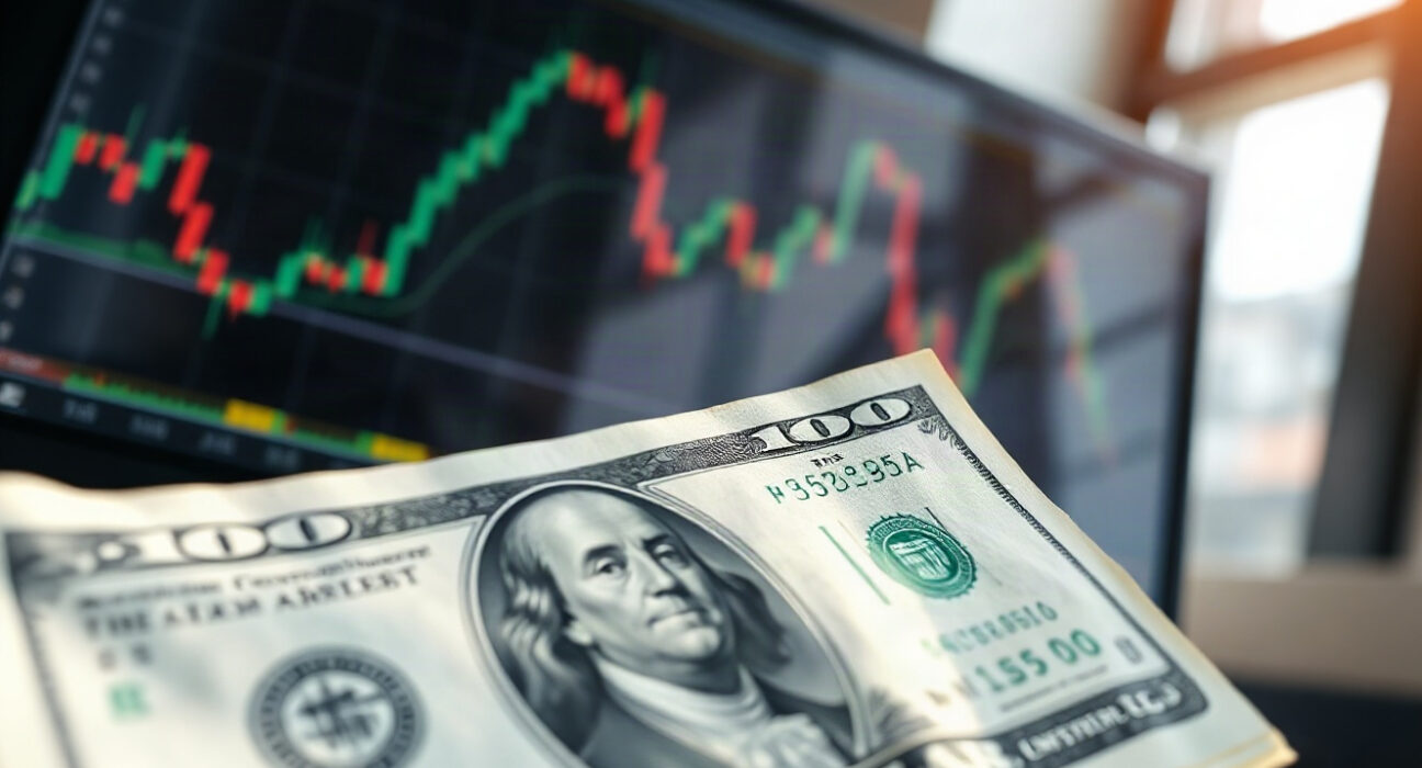 US dollar banknote and financial chart on a monitor in a trading office