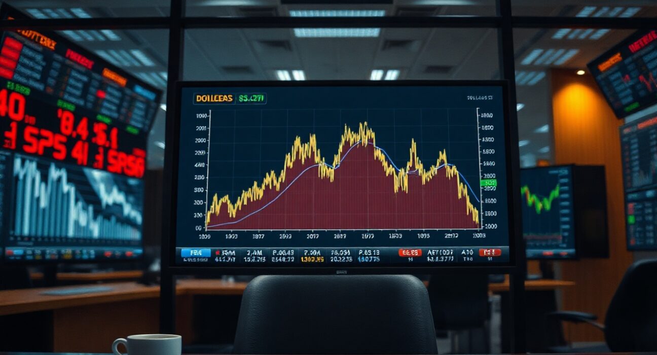 Financial newsroom with US dollar chart showing fading volatility after jobs data release