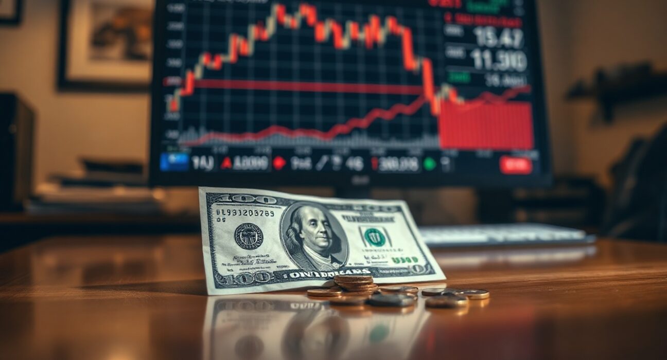 US dollar banknotes and coins on a desk with a financial chart monitor in the background
