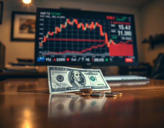 US dollar banknotes and coins on a desk with a financial chart monitor in the background