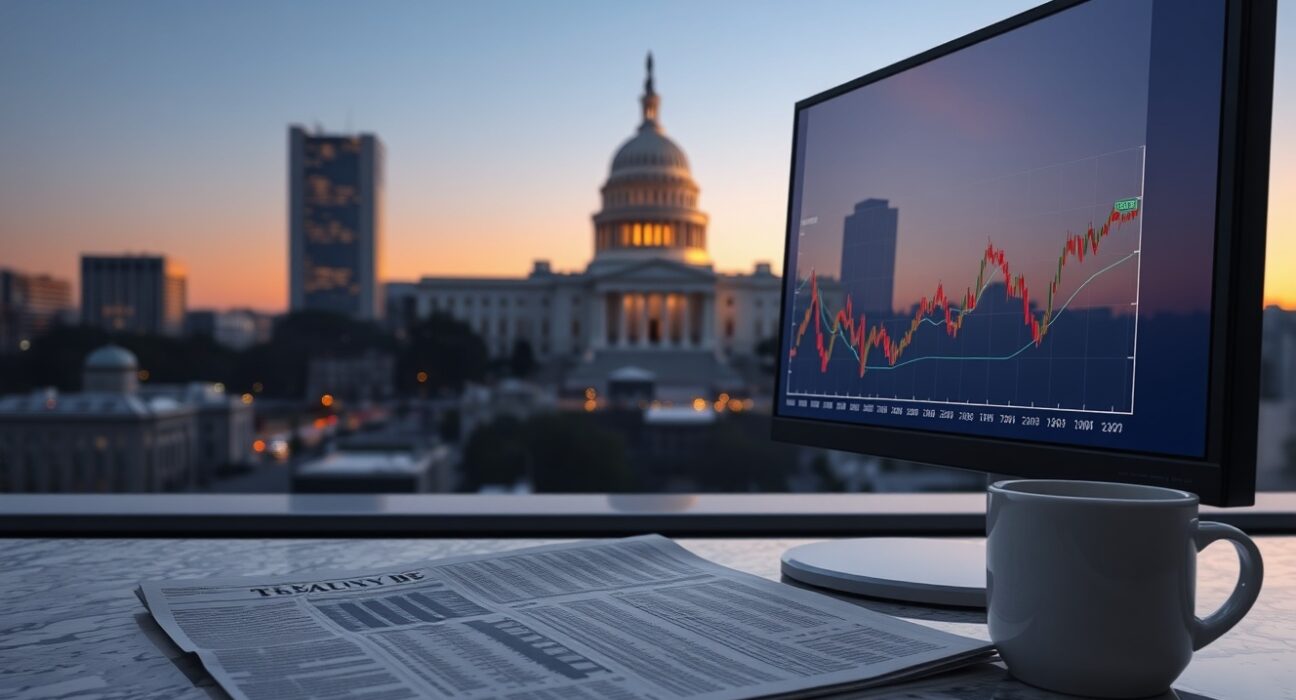 Financial chart showing a downward trend for the US Dollar on a computer monitor in a professional setting.