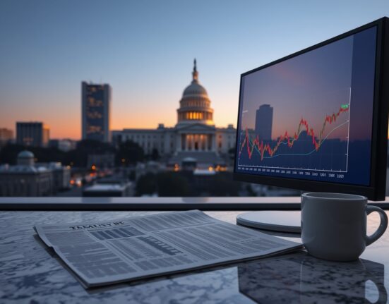 Financial chart showing a downward trend for the US Dollar on a computer monitor in a professional setting.