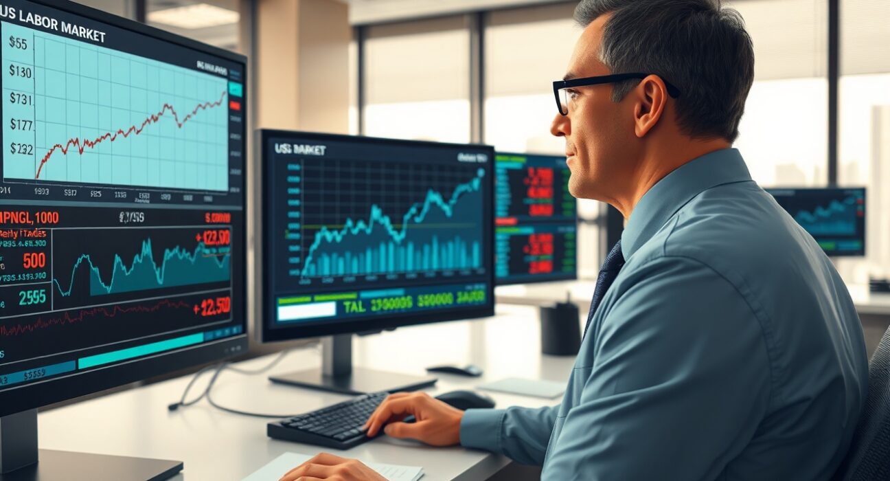 Financial analyst reviewing US labor market data and dollar strength charts in trading environment