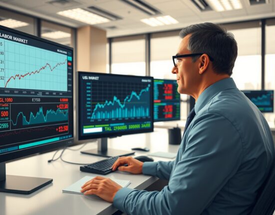 Financial analyst reviewing US labor market data and dollar strength charts in trading environment