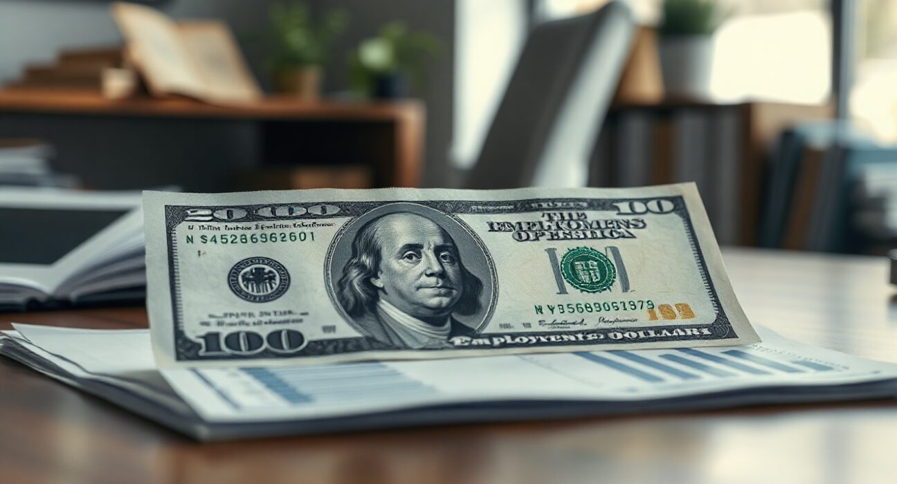 US dollar banknote with a labor market report chart on a desk, symbolizing mixed signals for the dollar.