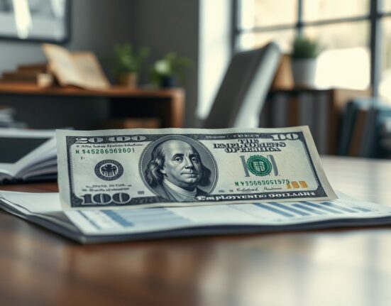 US dollar banknote with a labor market report chart on a desk, symbolizing mixed signals for the dollar.