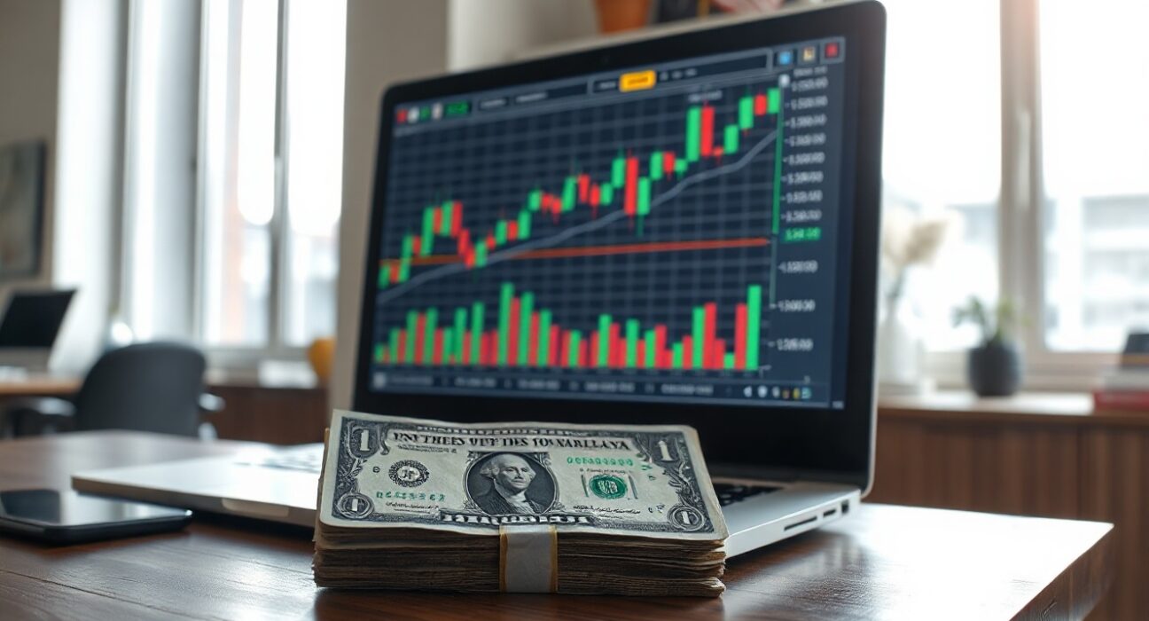 US dollar banknote with financial charts on a laptop screen in an office setting