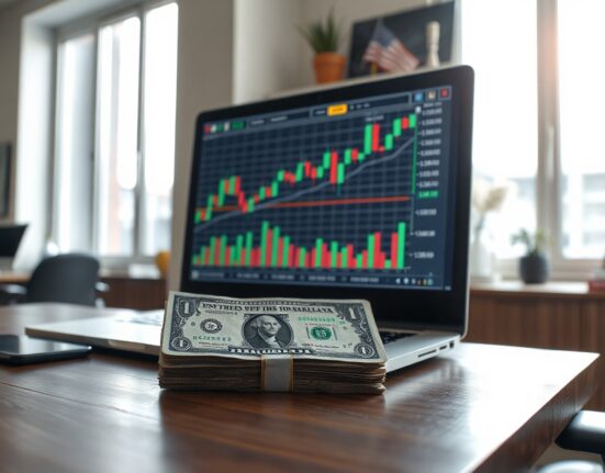 US dollar banknote with financial charts on a laptop screen in an office setting