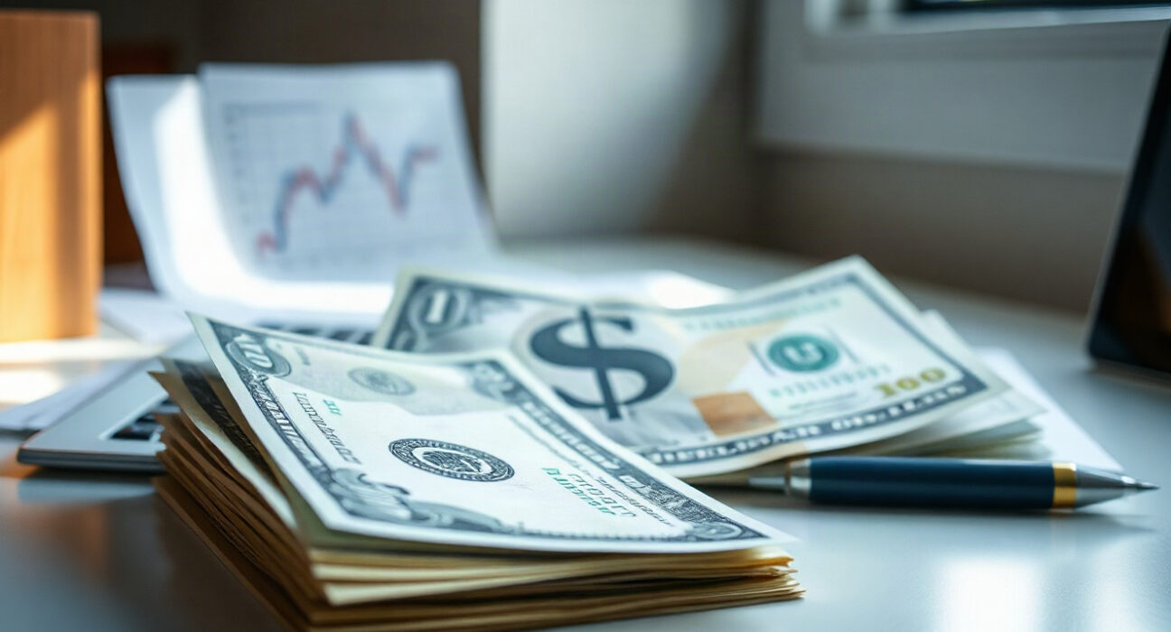 US dollar bills on a desk with a blurred financial chart in the background
