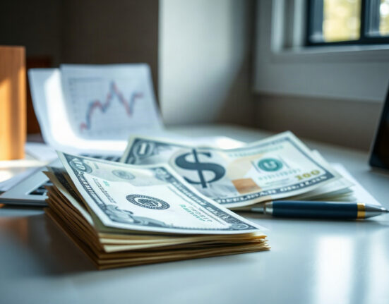 US dollar bills on a desk with a blurred financial chart in the background