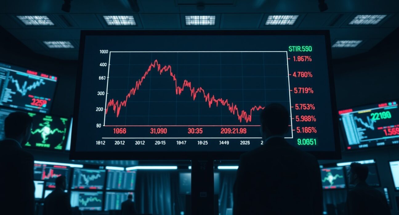 Trading floor with a digital display showing a downward bond yield chart reflecting a long-end selloff