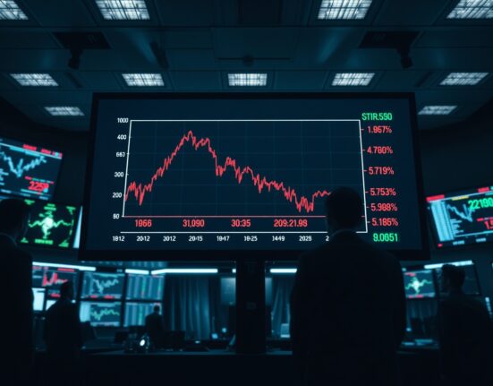 Trading floor with a digital display showing a downward bond yield chart reflecting a long-end selloff