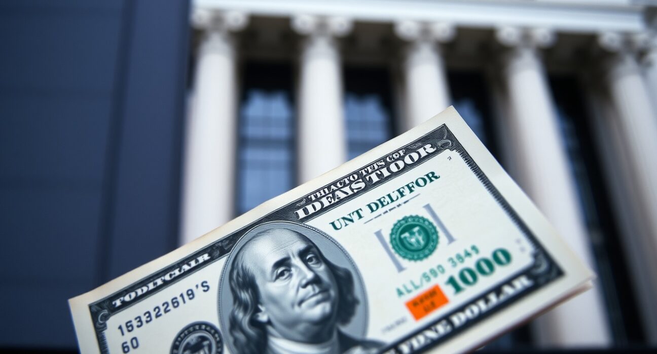 Close-up of US dollar banknote with blurred Federal Reserve building background, representing forex market and FOMC risk analysis.