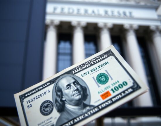 Close-up of US dollar banknote with blurred Federal Reserve building background, representing forex market and FOMC risk analysis.
