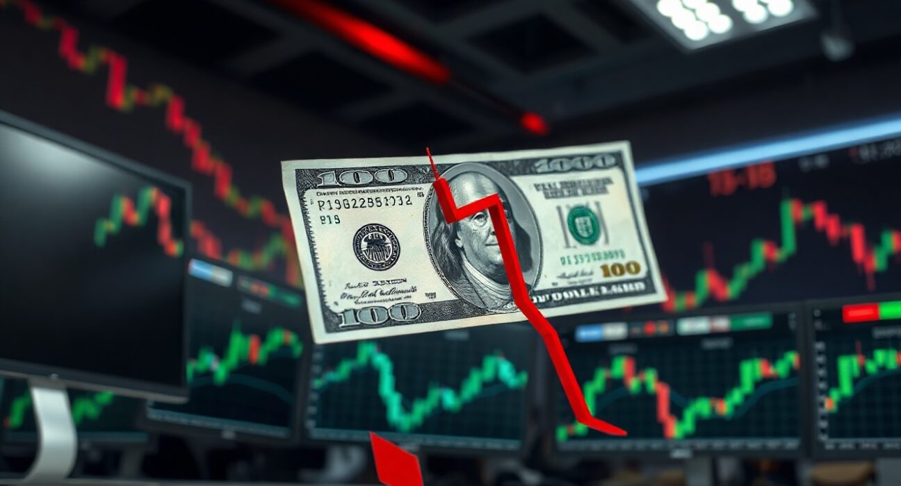 US Dollar banknote with declining chart line in foreground of a trading desk