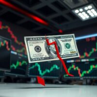 US Dollar banknote with declining chart line in foreground of a trading desk