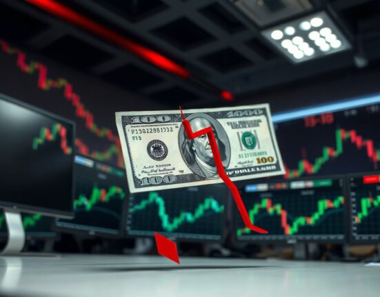 US Dollar banknote with declining chart line in foreground of a trading desk