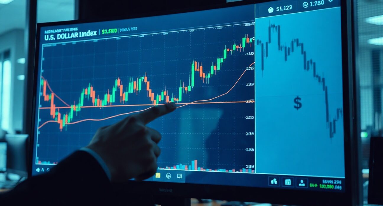 US dollar chart on trading screen with manufacturing and JOLTs data in focus