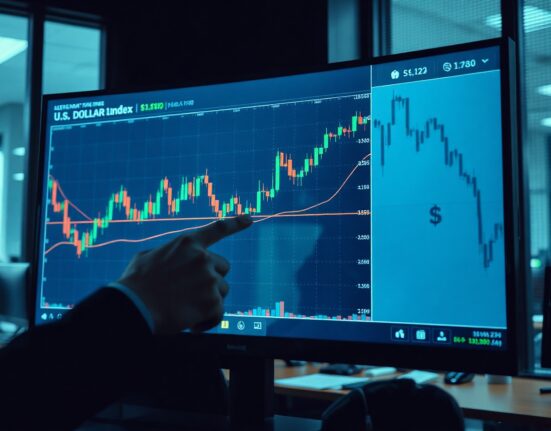 US dollar chart on trading screen with manufacturing and JOLTs data in focus
