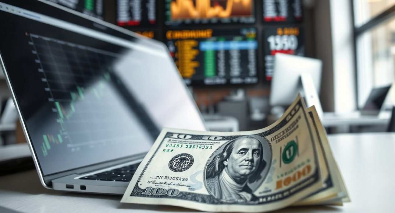US dollar banknotes and financial charts on a desk in a modern office