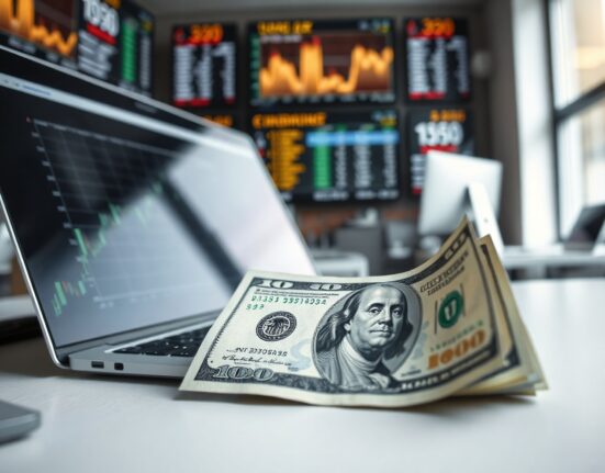 US dollar banknotes and financial charts on a desk in a modern office